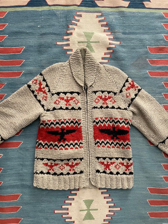 Vintage 50s 60s Cowichan Style Eagle Native Thunderbird Cardigan