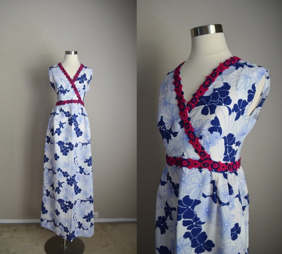 floral maxi dress / vintage 60s 70s blue white ma… - image 1