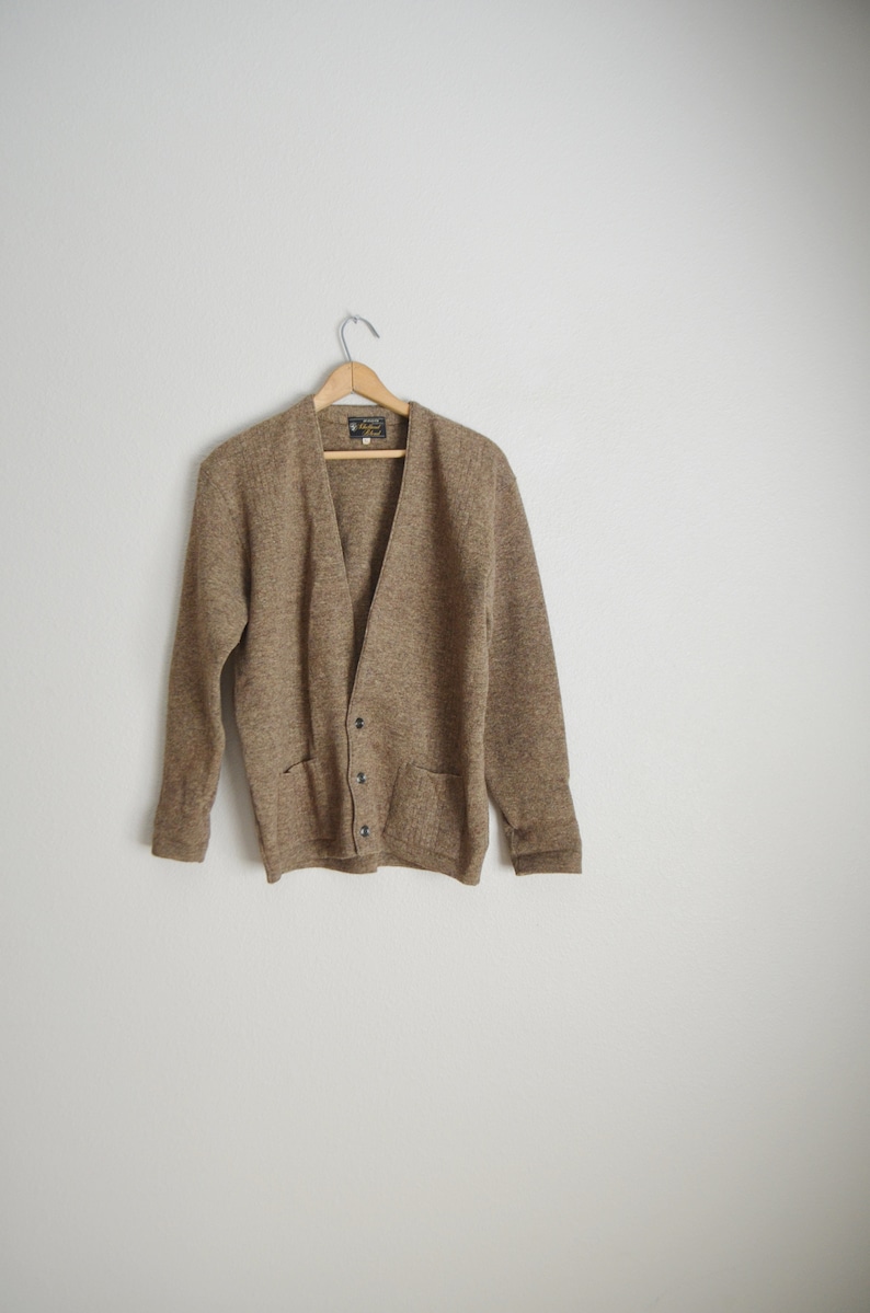 unisex small medium vintage 70s tan wool brown minimal cardigan sweater boyfriend cardigan two pockets grandpa