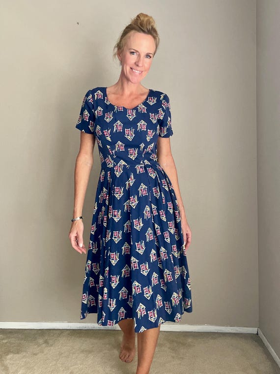 Vintage 40s Navy Blue Novelty Print Dress -- small - image 5