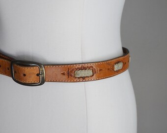 vintage woven fabric stamped braided brown leather belt- men's size 32 - unisex