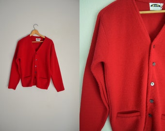 cranberry red cardigan  / mens small pocket cardigan / 60s cardigan sweater - mens womens unisex- mid century modern cardigan