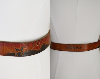 vintage 80s tooled painted sunrise sunset horse name JENNY belt - women's xxsmall-xsmall size 24- 22/23/24/25
