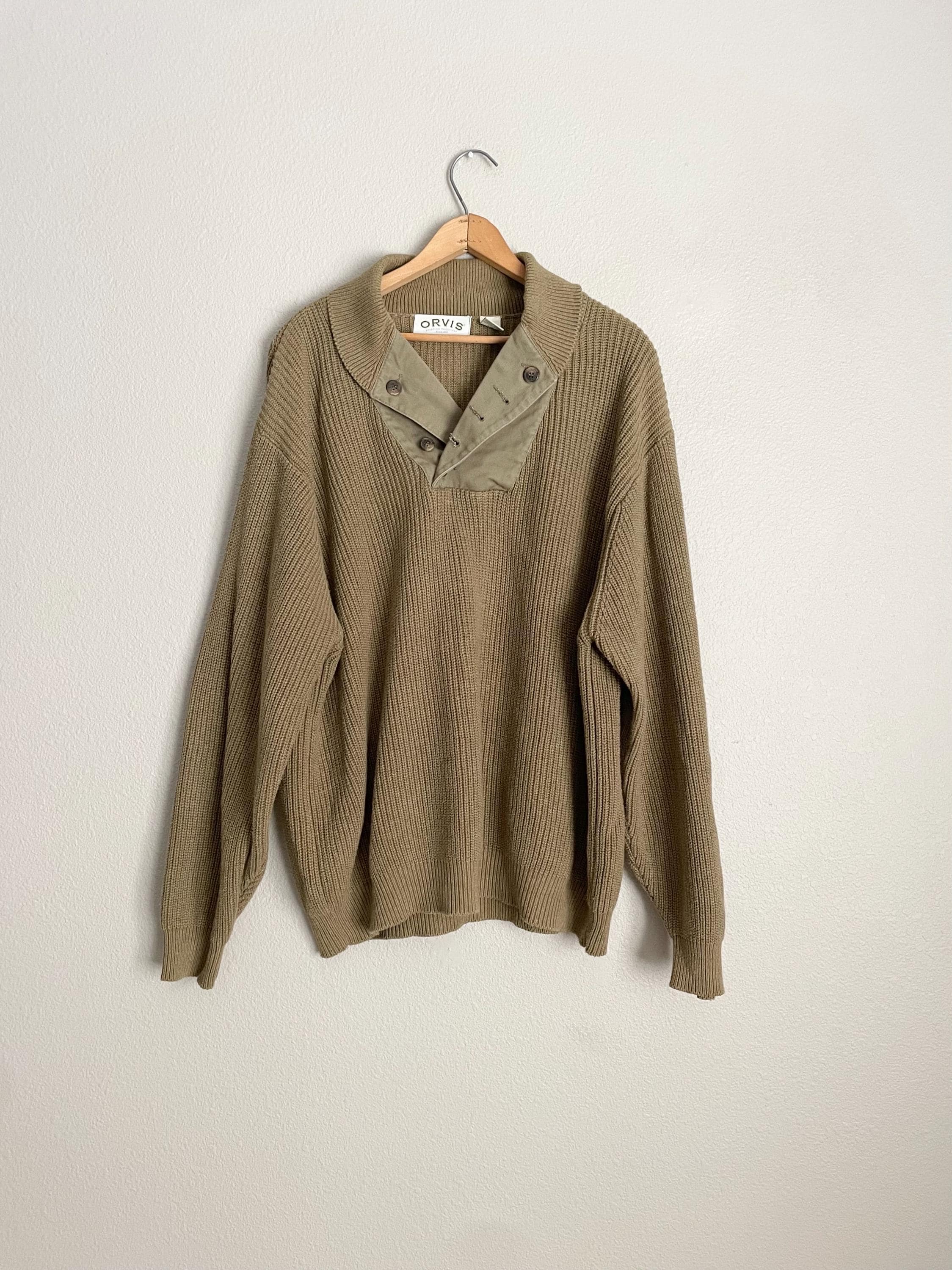 Vintage Cotton Orvis Commando Sweater Tan Drab Elbow Pads Shawl Collar Knit Pullover - xlarge