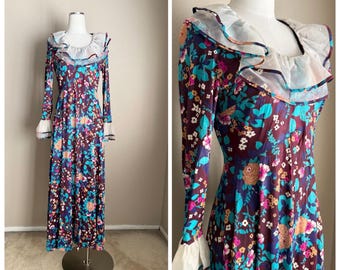 Vintage 60s Bright Groovy Floral Bohemian Empire Waist Maxi Dress - small