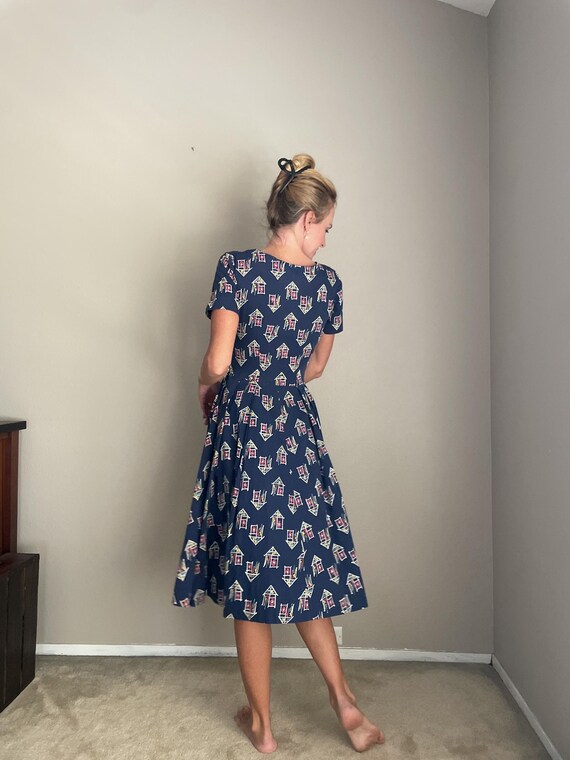 Vintage 40s Navy Blue Novelty Print Dress -- small - image 7