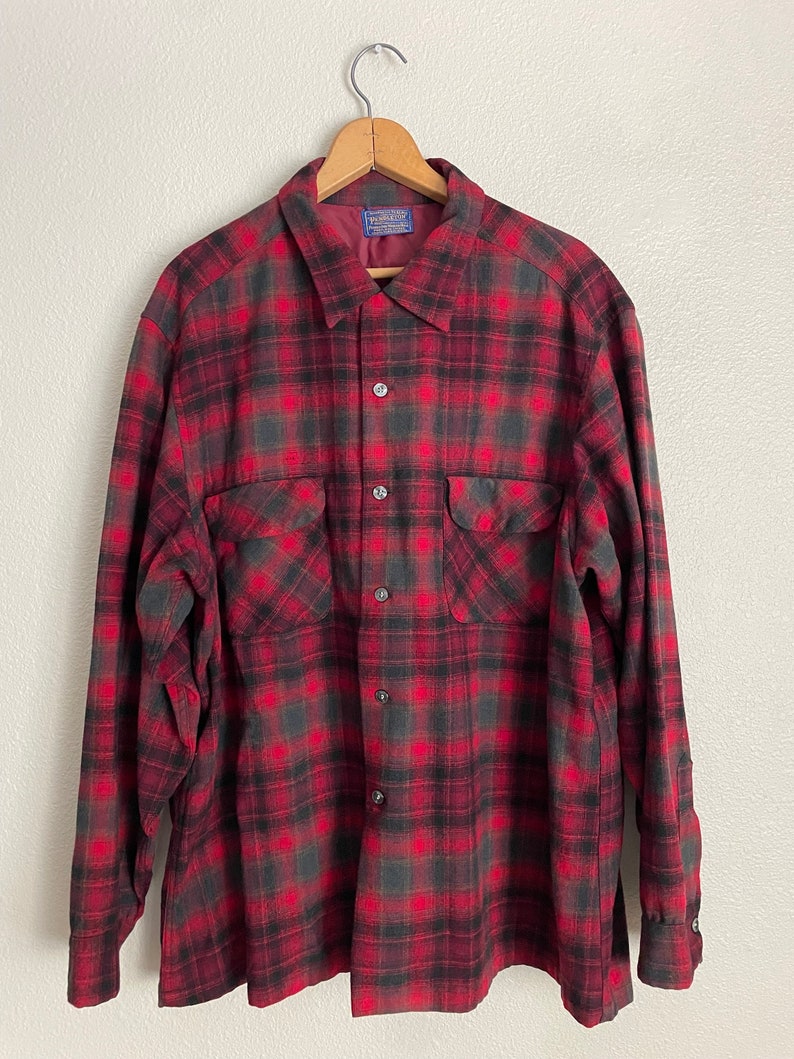 Vintage '50s Red Plaid Pendleton Board Shirt Loop Collar men's xlarge image 4