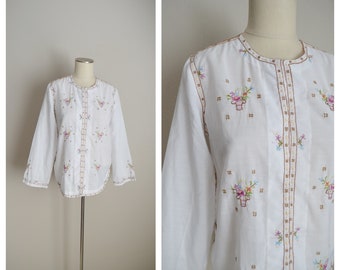 blouse tunique brodée de lys chinois vintage des années 70 - femme petite/moyenne - taille 36