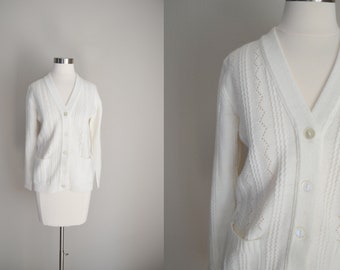 white knit cardigan / vintage 70s granny classic grandma soft cardigan sweater - xsmall / small