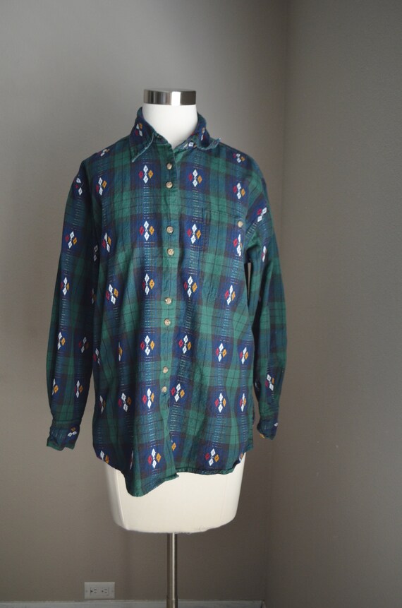 Buy Vintage 80s 90s Green Blue Native Pattern Flannel Long Sleeve 