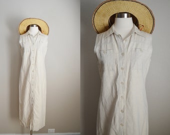 tan linen market button dress -small / medium petite