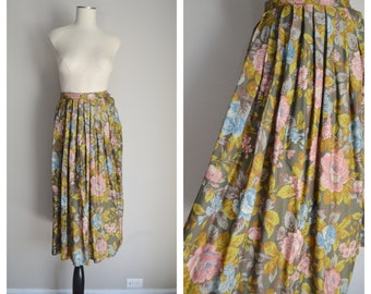 vintage 80s olive and petal pink pastel botanical pleated floral midi skirt - xsmall - 23