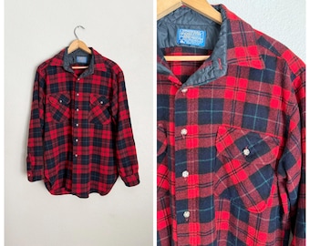 Vintage 80s Pendleton Red Blue Plaid MacLachlan Tartan Wool Shirt - men's large