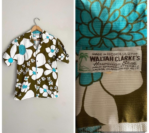 Vintage 60s Waltah Clarke's Hawaiian Bark Cloth Loop Collar Cotton