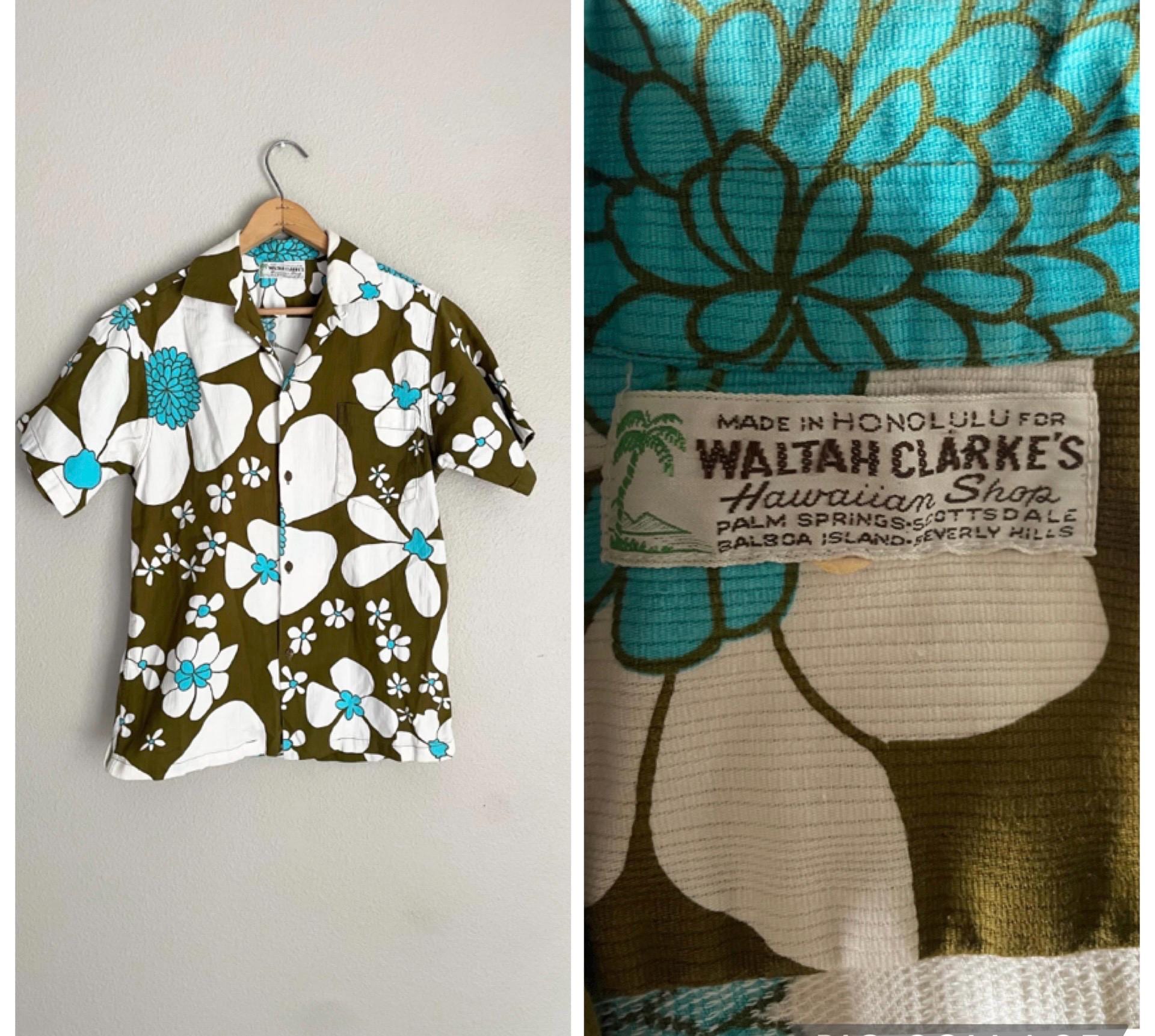 Vintage 60s Waltah Clarke's Hawaiian Bark Cloth Loop Collar Cotton