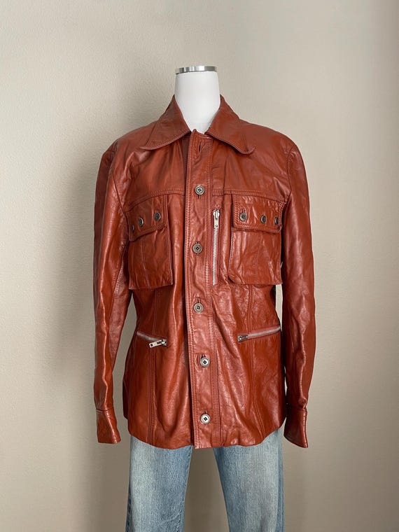 Vintage 70s Burnt Orange Brown Leather jacket -me… - image 3