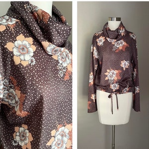 vintage 70s floral patterned cowl neck polyester blouse women's medium image 1
