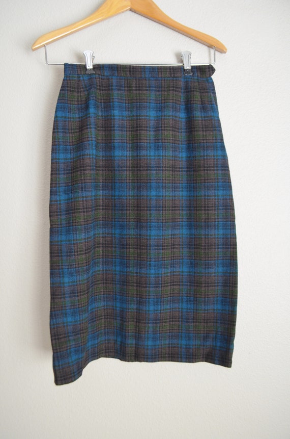 vintage 80s blue green plaid pencil high waisted … - image 6