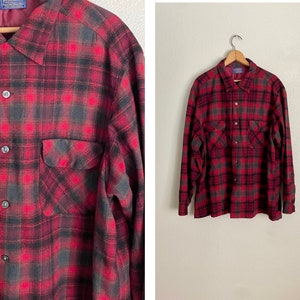 Vintage '50s Red Plaid Pendleton Board Shirt Loop Collar men's xlarge image 1