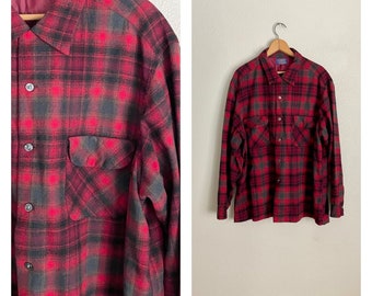 Vintage '50s Red Plaid Pendleton Board Shirt Loop Collar- men's xlarge