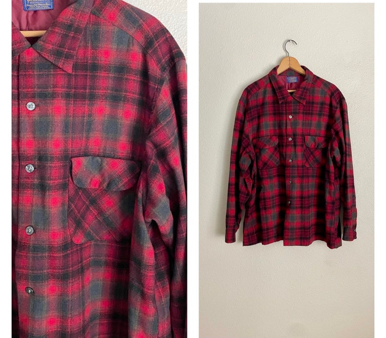 Vintage '50s Red Plaid Pendleton Board Shirt Loop Collar men's xlarge image 1