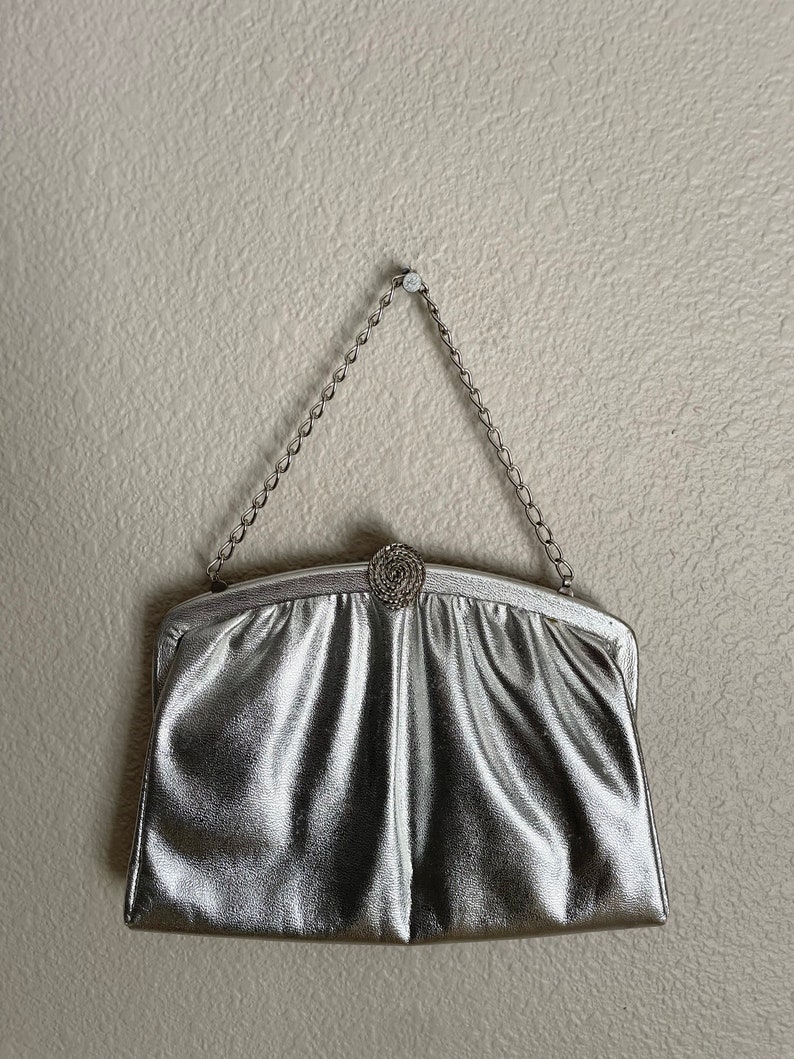 vintage 50s 60s MCM mid-century evening silver lame clasp handbag purse image 3