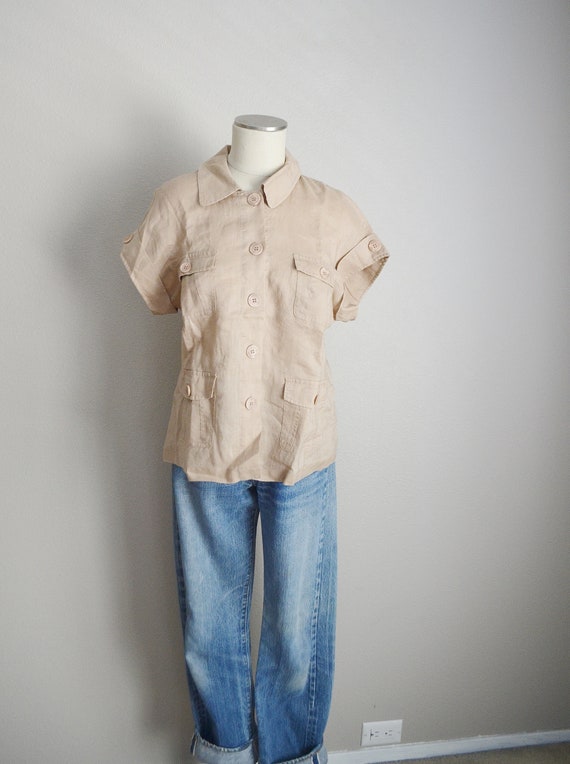 vintage 80s tan linen short sleeve safari  blouse… - image 8