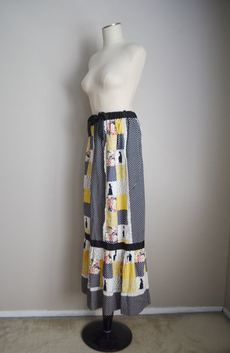 vintage 70s patchwork style calico polka dot long bohemian festival prairie skirt womens xsmall small image 6
