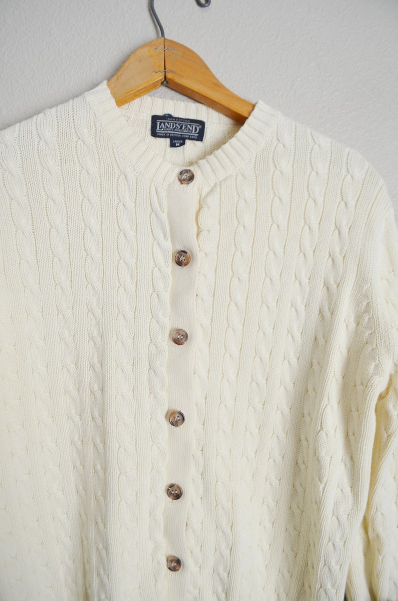 vintage 90s lands/' End Ivory classic cable knit lightweight cardigan sweater cream knit medium weight preppy cardi- ladies medium
