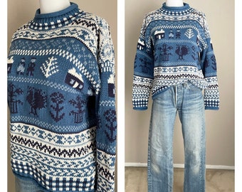vintage 80s eddie bauer cotton cottage core folksy nordic style fair isle handknit sweater- women's small medium