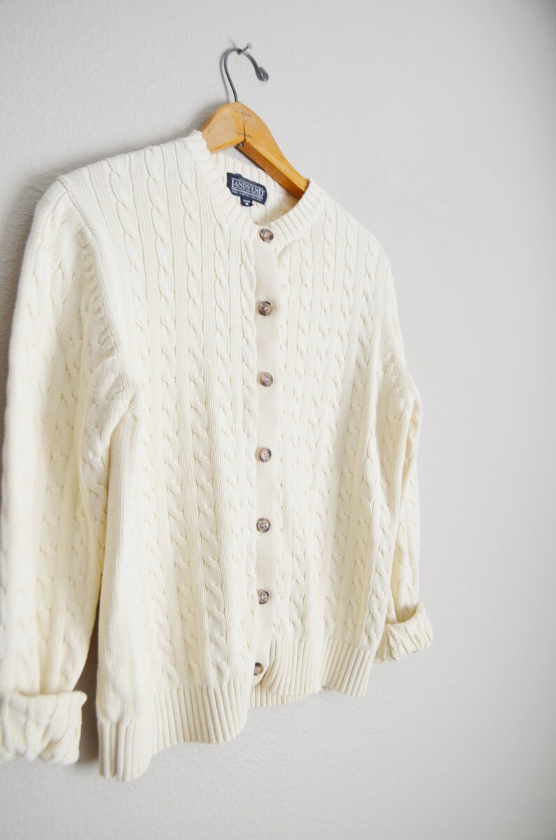 vintage 90s lands/' End Ivory classic cable knit lightweight cardigan sweater cream knit medium weight preppy cardi- ladies medium
