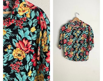 vintage 80s 90s floral rayon slouchy oversized blouse - medium
