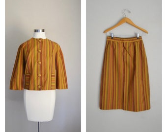 vintage 60s orange brown rust striped office skirt and jacket - 25- small - mid century suit set