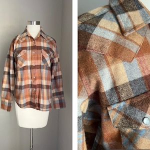 vintage 80s burnt orange brown blue wool plaid pearl snap button down blouse women's medium image 1