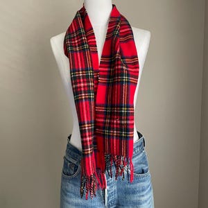 Vintage Plaid Wool Scarf: Royal Stewart Tartan with Fringe