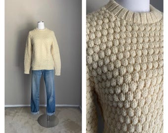 Vintage 80s Ivory Wool Popcorn Cottagecore Pullover Sweater- men's small/women's medium