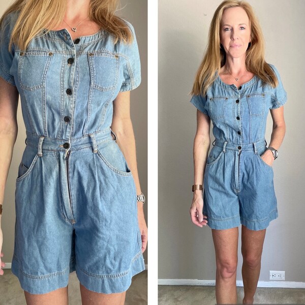 vintage denim jean 80s romper shorts jumpsuit onesie playsuit shorts- petite 00- xxsmall