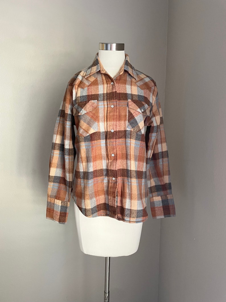 vintage 80s burnt orange brown blue wool plaid pearl snap button down blouse women's medium image 8