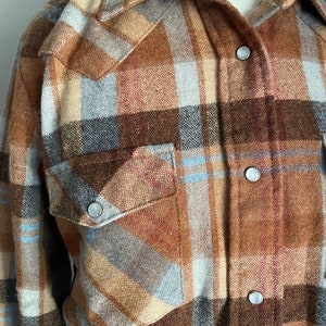 vintage 80s burnt orange brown blue wool plaid pearl snap button down blouse women's medium image 7