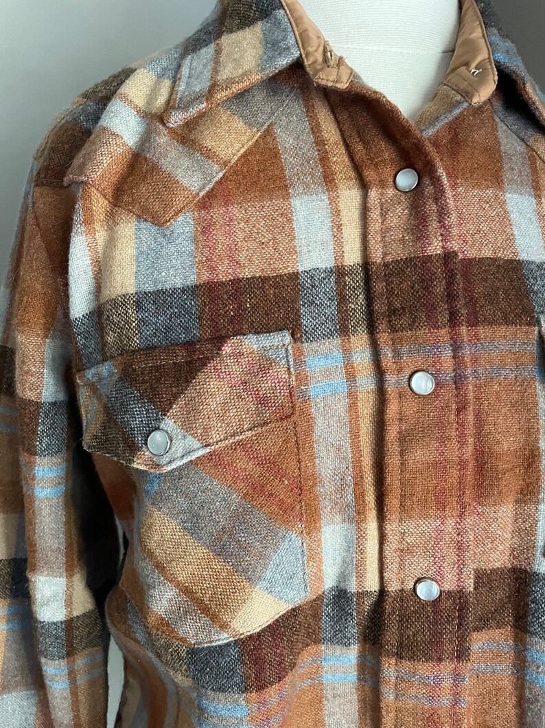 vintage 80s burnt orange brown blue wool plaid pearl snap button down blouse women's medium image 7