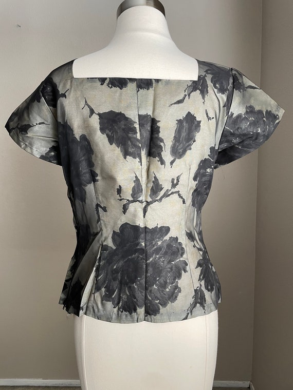 vintage 40s 50s black floral blouse -- womens xsm… - image 7