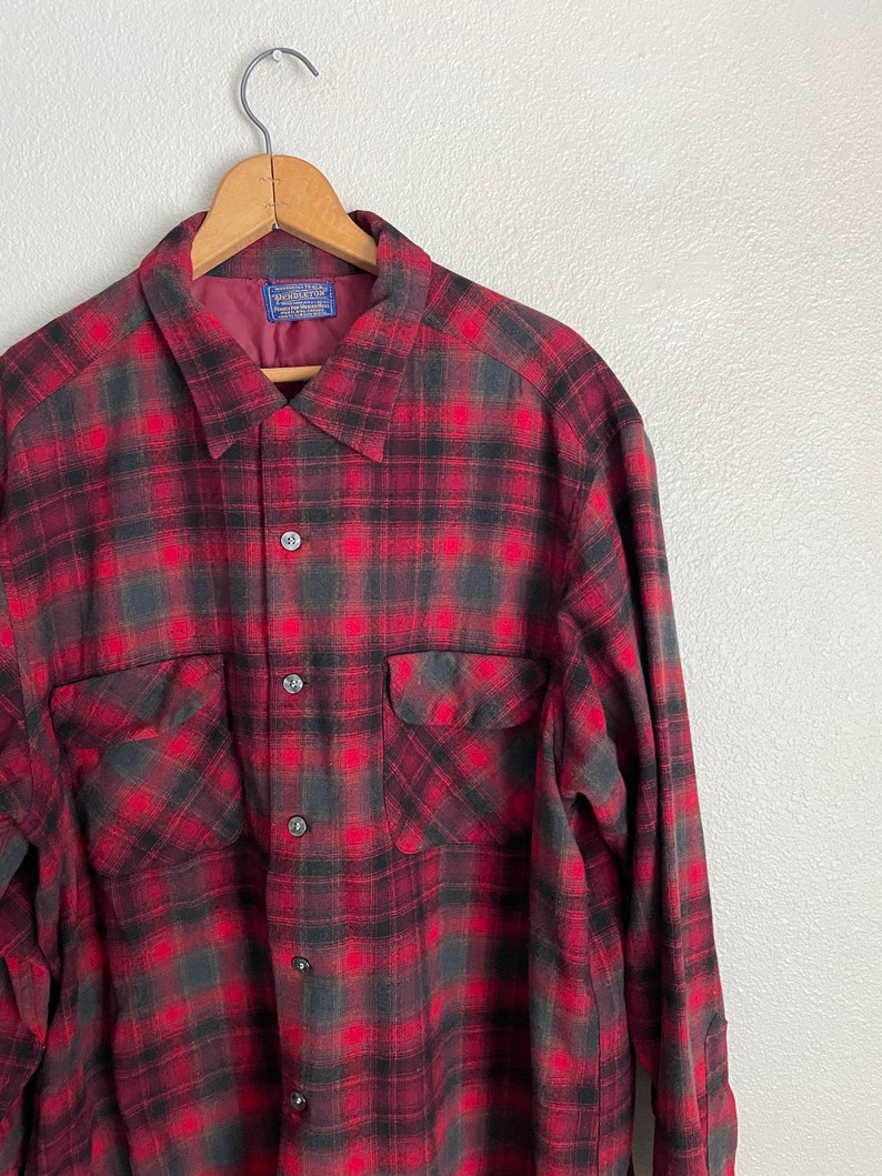 Vintage '50s Red Plaid Pendleton Board Shirt Loop Collar men's xlarge image 3