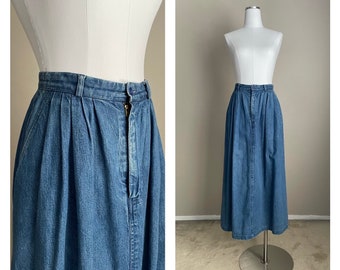 Vintage '80s Ralph Lauren Denim Pleated Midi Skirt - Women's x-mall / small - 25/26