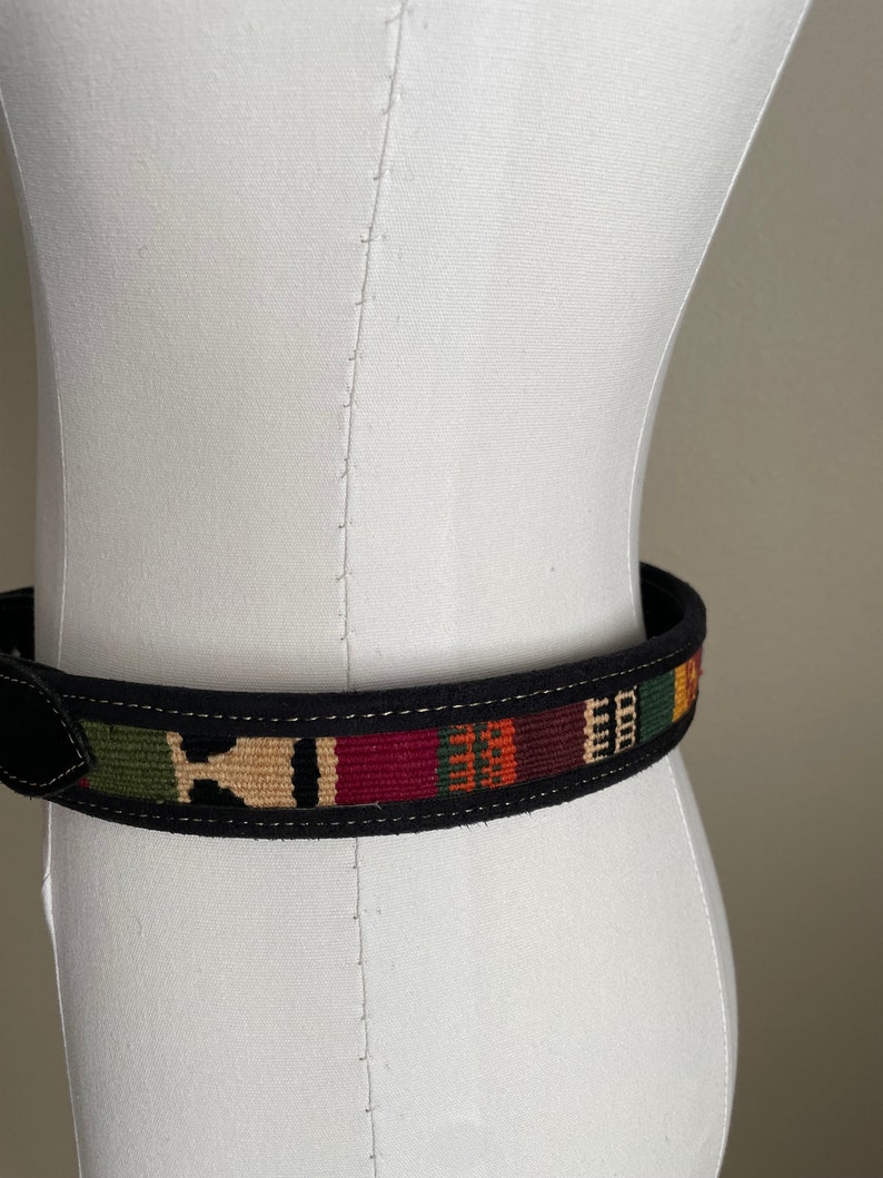 vintage ethnic woven Guatemalan black canvas leather belt colorful belt unisex size 31/32 medium women's image 6