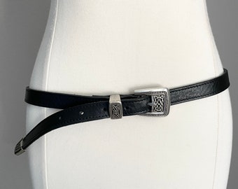 vintage 90s black irish made ireland leather skinny belt with silver metal floral details -- women's medium/large- size 34/36
