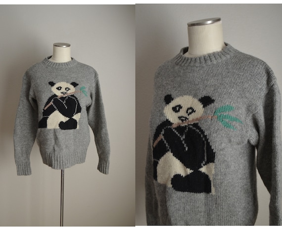 vintage 80s gray wool panda novelty sweater - wom… - image 1