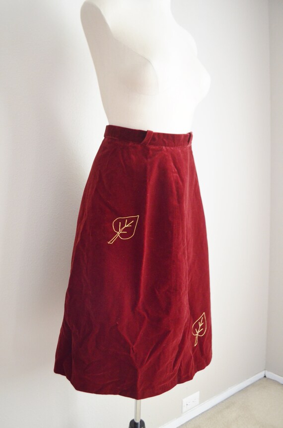 vintage 80s burgundy red velvet a-line midi skirt… - image 3
