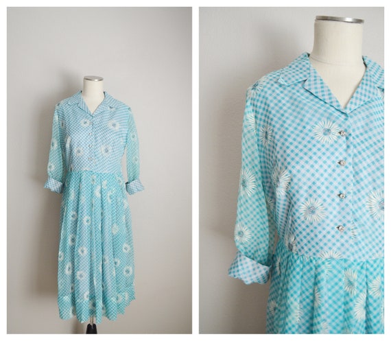 1940s floral turquoise blue dress - medium