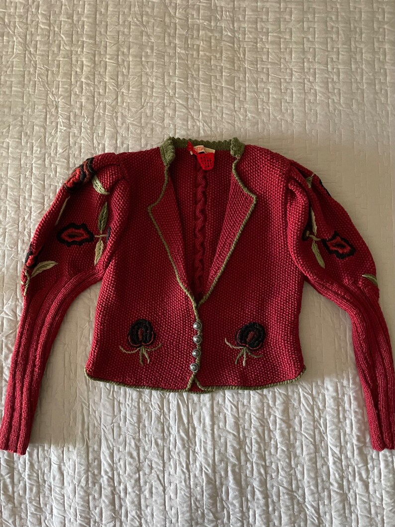 vintage 80s does 40s bavarian folk german wool embroidered puff sleeve cardigan sweater women's small image 2