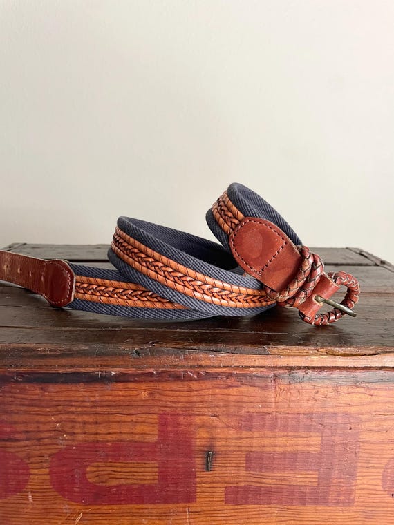 Vintage 90s Talbots Blue Cotton Canvas Leather Belt  display picture 1